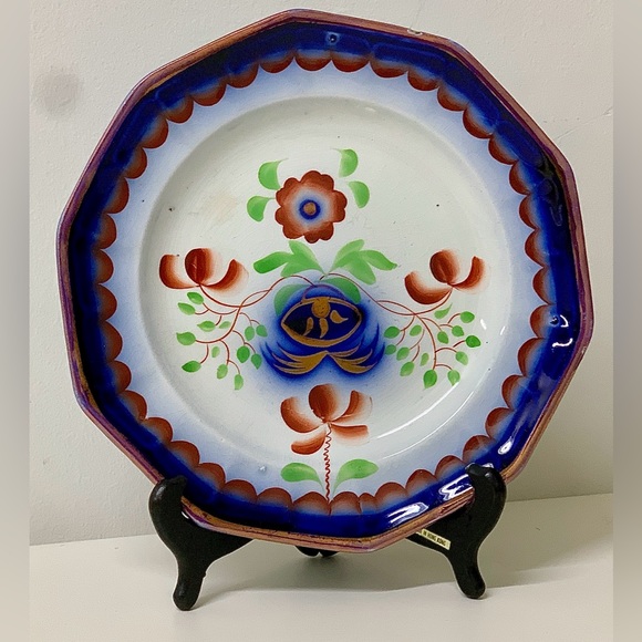 19th Century Gaudy Ironstone 10 Sided Flow Blue "Pearl White" Impressed Plate - Picture 2 of 13